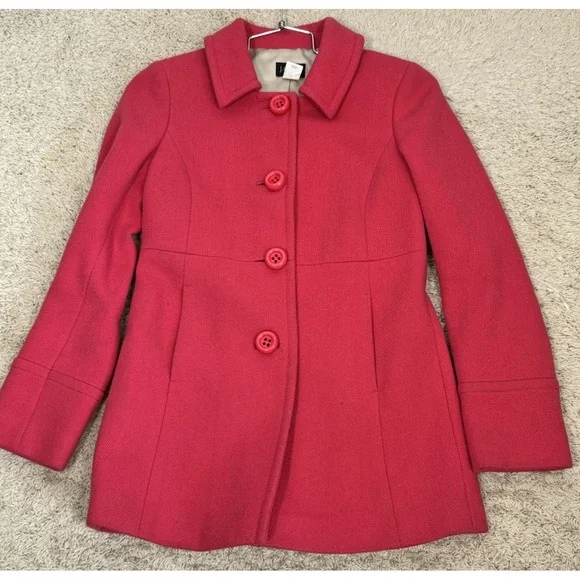 J. Crew Women's Hot Pink Wool Coat With Large Buttons Pleated Back Size 4‎ READ - Picture 4 of 10